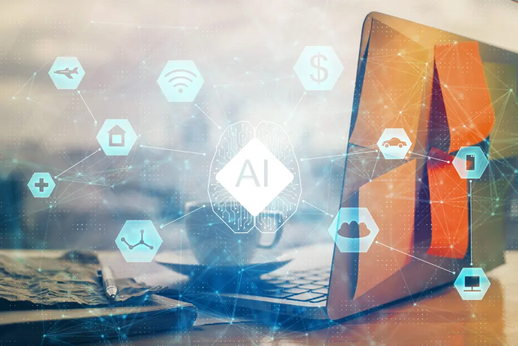 doubleexposureoflaptopcomputerandtechnologythemehologram-concept