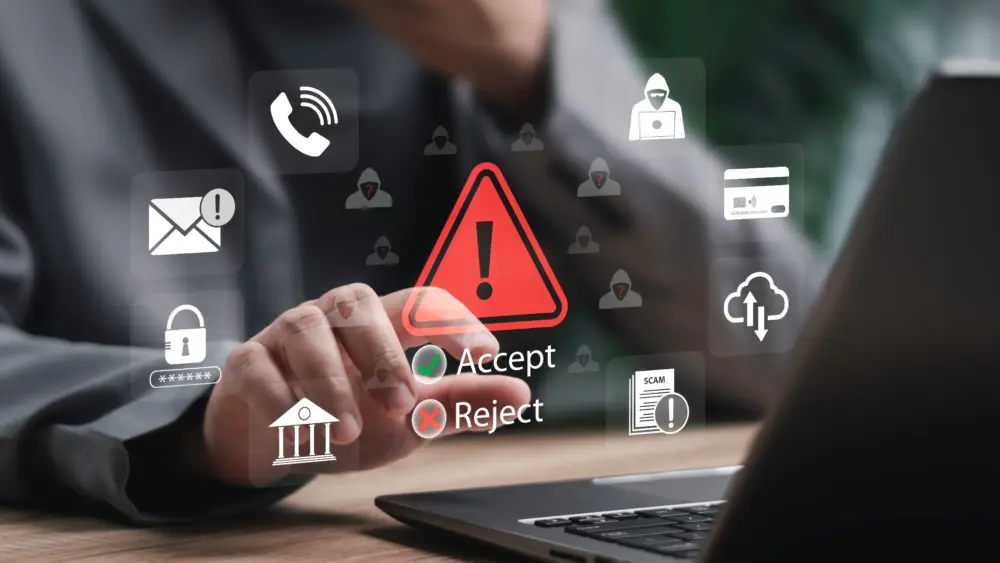 scamonlinefraudawarenessconceptbusinessmanchoosingsafeoptionsto