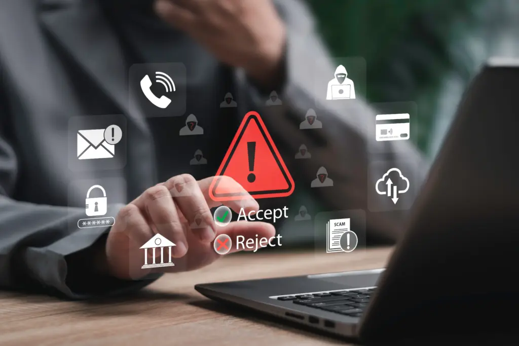 scamonlinefraudawarenessconceptbusinessmanchoosingsafeoptionsto