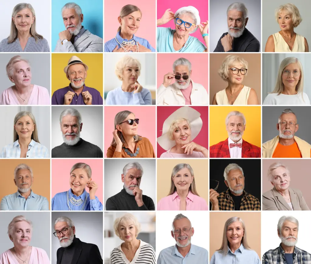 seniormenandwomenondifferentcolorsbackgroundscollageof