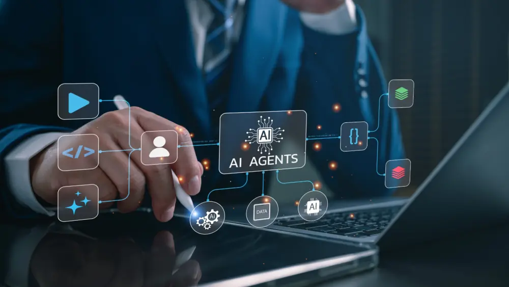 aiagentsconceptbusinessmanusinglaptopconnectedartificialintelligenceicons