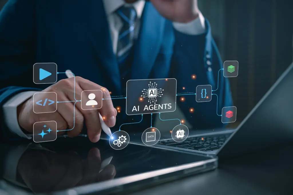 aiagentsconceptbusinessmanusinglaptopconnectedartificialintelligenceicons