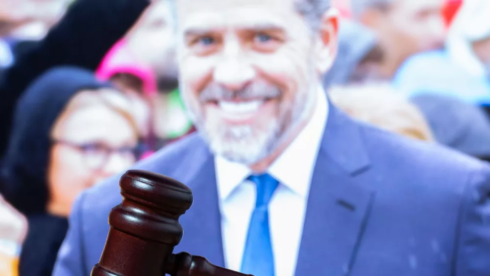 Hunter Biden ^court session. Judicial Hammer on the background of the photo.