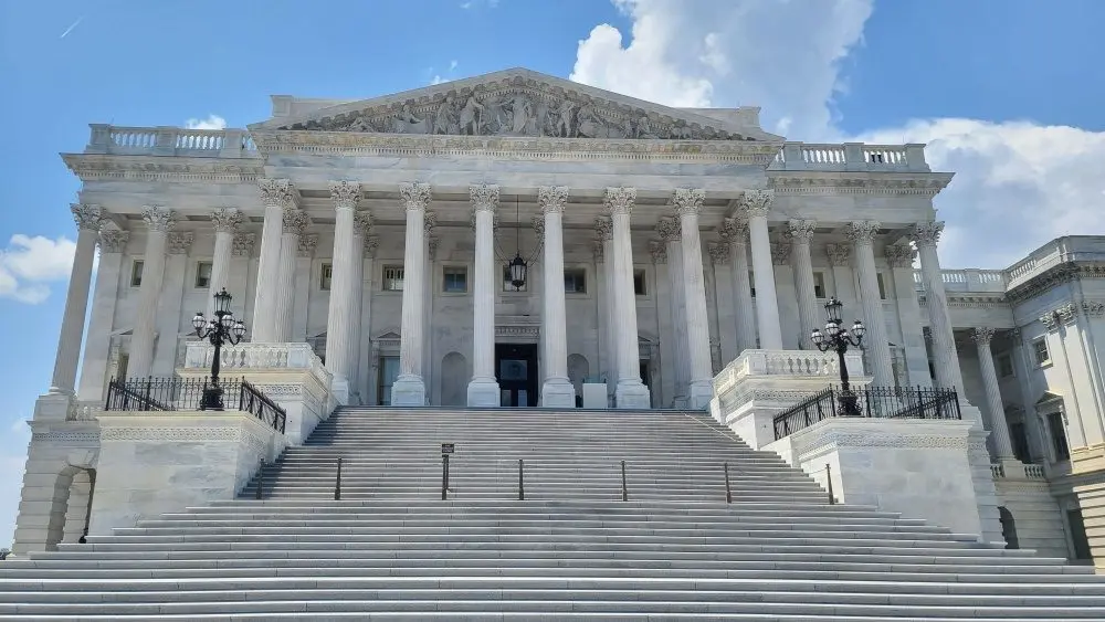 The Eastern facade with the stair to the House of Representatives of the United States Capitol Building^ on Capitol Hill in Washington DC^ USA.