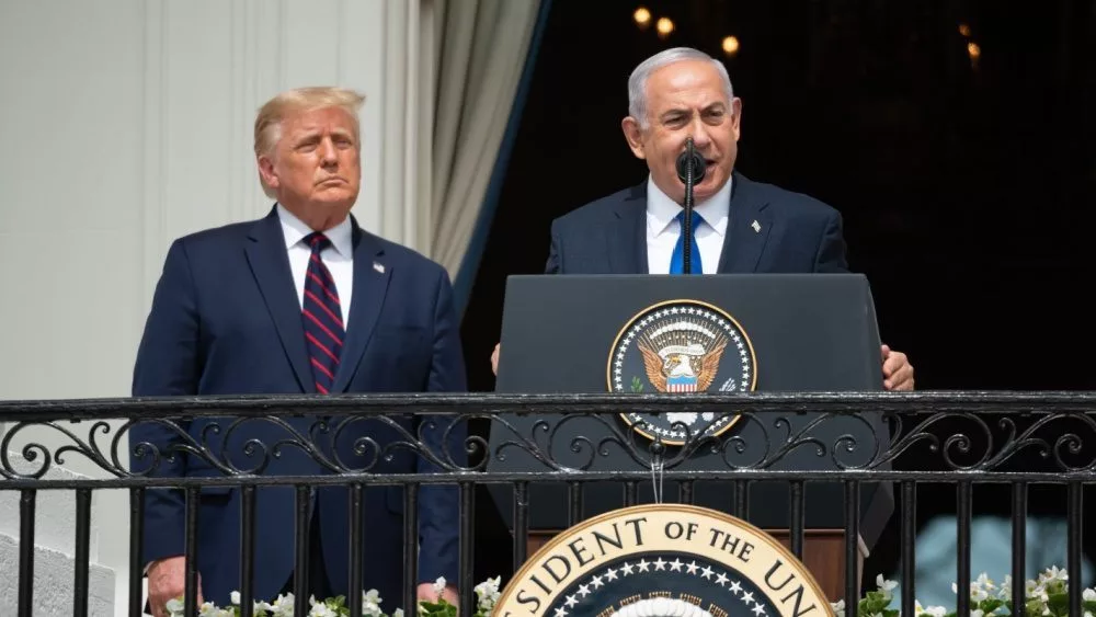 President Donald Trump and Prime Minister Benjamin Netanyahu attend the signing ceremony of the Abraham Accords at the White House in Washington^ DC. Washington DC^ USA - September 15^ 2020: