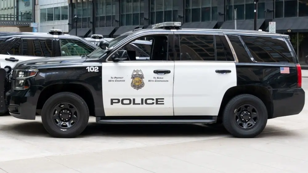 Minneapolis Police car in downtown Minneapolis^ Minnesota^ MN USA^ May 5^ 2023.