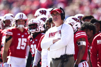 Wisconsin head coach Paul Chryst looks on during the first half of an NCAA college football game against Illinois, Saturday, Oct. 1, 2022, in Madison, Wis. (AP Photo/Kayla Wolf)