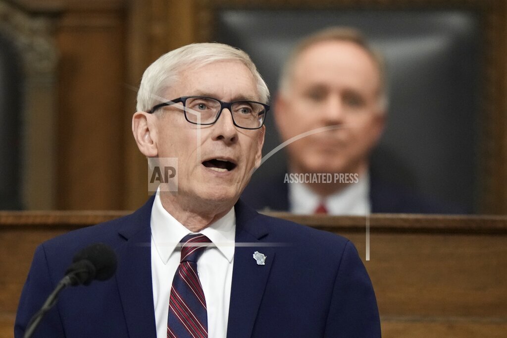 FILE - Wisconsin Gov. Tony Evers speaks during the annual State of the State address on Jan. 24, 2023, in Madison, Wis. Evers said Tuesday, Feb. 7, that he will ask the state Legislature to approve allowing counties and most large cities be able to ask voters to raise the sales tax to pay for local services, like police and fire protection and road repairs. (AP Photo/Morry Gash, File)