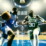 Epic royalist photo^ dallas mavericks player^ competing for a basketball ball against a boston celtics player^ on a basket court^ while running to the ring to lest