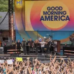 New York^ NY - July 15^ 2022: Members of pop rock band One Republic pose on stage after ABC Good Morning America summer concert at Central Park