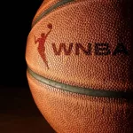 Closeup of a basketball with the WNBA logo and text