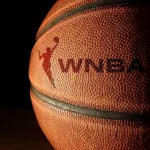 Closeup of a basketball with the WNBA logo and text