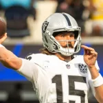 Las Vegas Raiders quarterback Gardner Minshew II #15 pass the ball against the Los Angeles Rams in an NFL football game at SoFi Stadium^ Oct. 20^ 2024^ in Inglewood^ Calif.