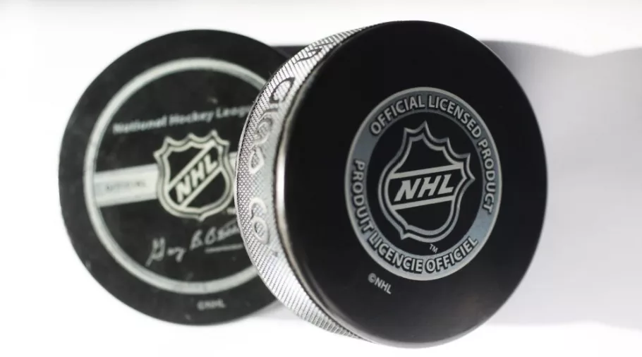 Official game puck from NHL^ National hockey league^ USA. MOTALA^ SWEDEN- 8 FEBRUARY 2022