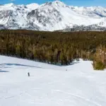Unknown skiers have the hill to themselves at June Mountain Ski Resort^ a small resort tucked away in the Eastern Sierra Nevada mountains in California.