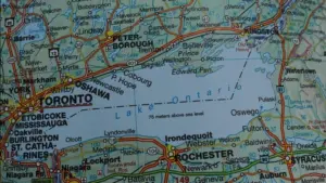 Close up of the Canada on a map with Lake Ontario in sharp focus. Lake Ontario on a map. Lake Ontario map