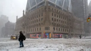 New York^ NY USA - February 1^ 2021: Snow storm on East Coast^ New York City. Manhattan During Nor'easter Blizzard