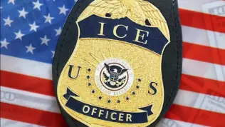 US ICE Officer badge on United States of America flag close up