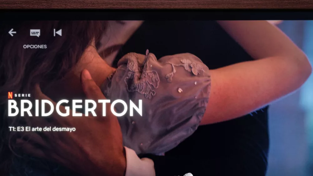 Netflix app on tv screen playing "Bridgerton"