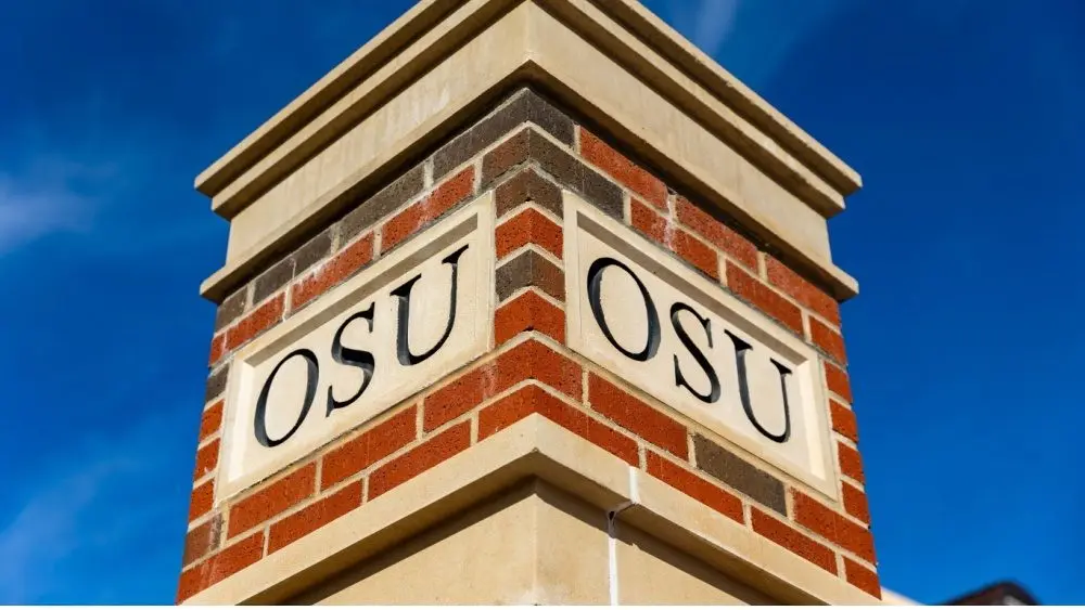 OSU Lettering on brick column on the Oklahoma State University Campus Stillwater^ OK - October 21^ 2022