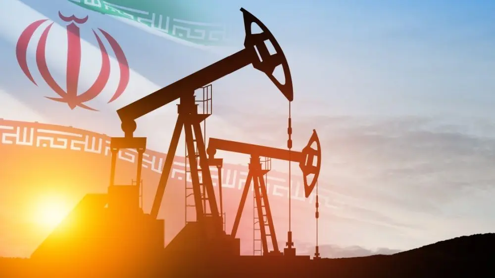 Oil drilling derricks at desert oilfield with Iran flag. The change in oil prices caused by the war. Oil prices are rising because of the global crisis. Crude oil production from the ground.