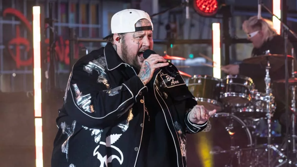 Jelly Roll performs on stage during 2024 New Year's celebration on Times Square in New York on December 31^ 2023.