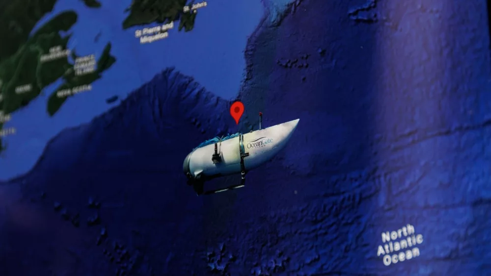 Missing Titanic submarine OceanGate place of disappearance on map. Selective focus on map.