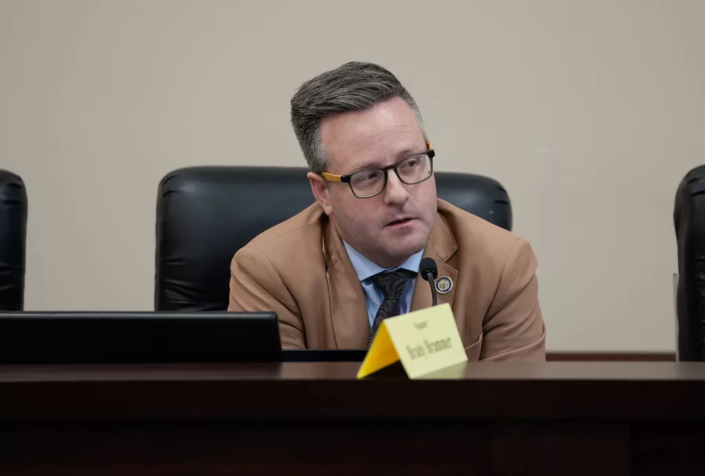 Sen. Brady Brammer, R-Pleasant Grove, asks questions during the Senate Revenue and Taxation Committee hearing discussing HB267, a bill aimed at banning collective bargaining for public labor unions in Utah, in Salt Lake City on Wednesday, Jan 29, 2025. Brammer voted to advance the bill.