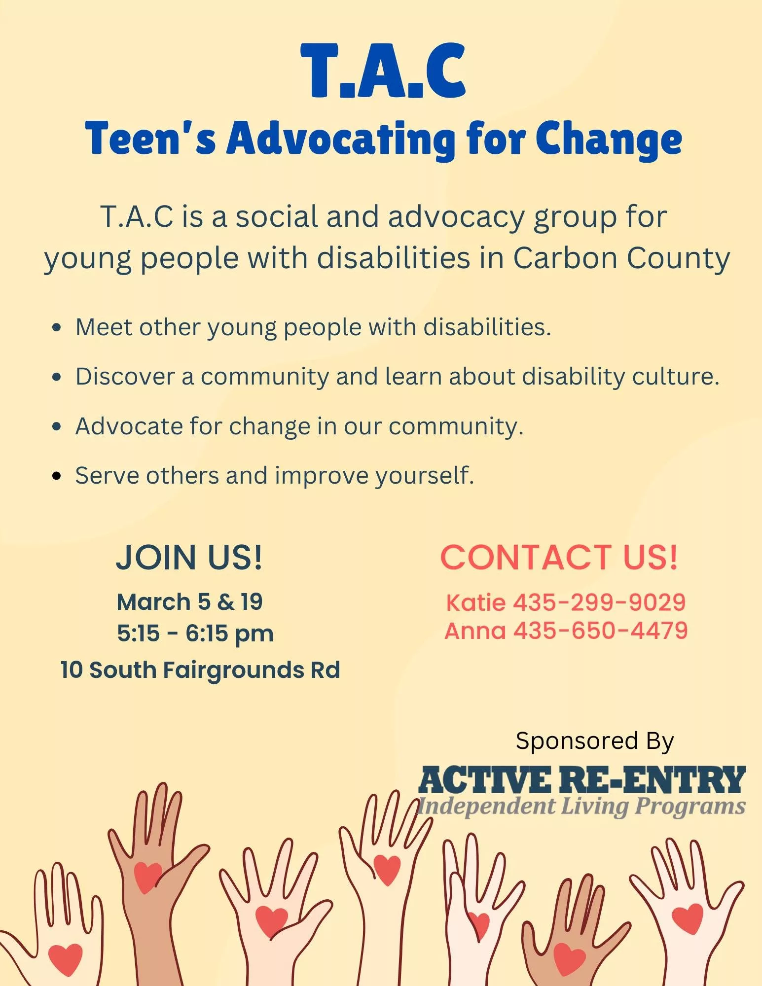 T.A.C. – Teen’s Advocating for Change / March Meetings