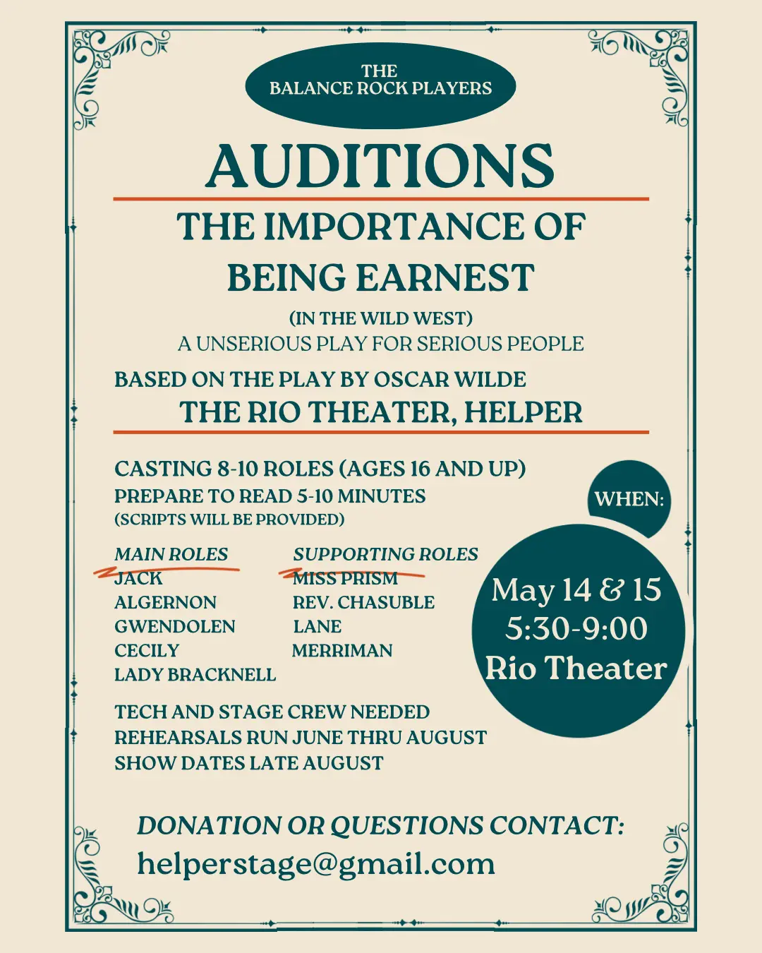 Balance Rock Players Auditions for The Importance of Being Earnest