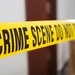 crime scene tape in front of room door with blurred background