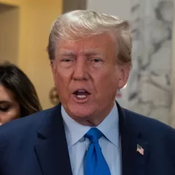 Former President Donald Trump speaks to press before the start of civil fraud trial brought by NYS Attorney General Letitia James at NYS court in New York on October 2^ 2023