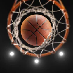3d rendering basketball on hoop and lighting from roof stadium
