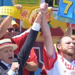 Joey Chestnut at Nathan's Famous Fourth of July Hot Dog Eating Contest ; NEW YORK CITY - JULY 4 2016