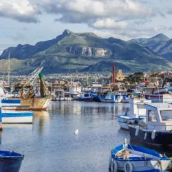 Boats in Porticello area of Santa Flavia city over Tyrrhenian Sea near Palermo on Sicily Island. Santa Flavia^ Italy.