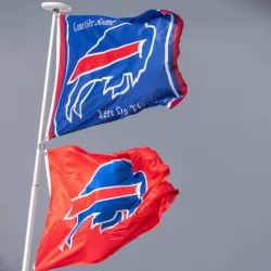Two Buffalo Bills Bison Football Flags Flying on the same Flag Pole Blasdell^ USA- January 20 2020