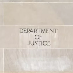 Sign of United States Department of Justice(DOJ) outside their headquarters building in Washington^ D.C. USA. Washington D.C.^ USA - march 1^ 2020