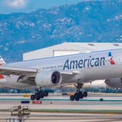 American Airlines Boeing 777-200 touches down at LAX International Airport December 22nd^ 2019. Los Angeles^ California.