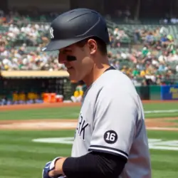 New York Yankees' Anthony Rizzo #48 walks back to the dugout after grounding out during a game against the Oakland Athletics at RingCentral Coliseum. Oakland^ California - August 28^ 2021