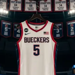 Former UCONN standout Paige Bueckers jersey #5 hanging in the Uconn arena