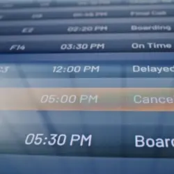 International Airport Terminal: Arrival and Departure Information Display with Flight Data Showing Destination^ Gate^ Time and Status of Flights. Schedule Board of Airplanes For Travelers. Close Up.