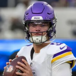 Minnesota Vikings quarterback J.J. McCarthy #9 warms up prior to an NFL football game against the Los Angeles Chargers Oct. 23^ 2025^ in Inglewood^ Calif.