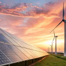 Solar panels and wind turbines stand tall under a dramatic sunset sky^ symbolizing clean renewable energy and a sustainable future landscape against a vibrant golden hour light.