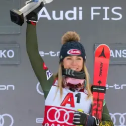 Mikaela Shiffrin (USA) takes 1st place during a women's World Cup Super-G in Bansko JANUARY 26^ 2020 ^ Bulgaria BANSKO^ BULGARIA - JANUARY 26^ 2020