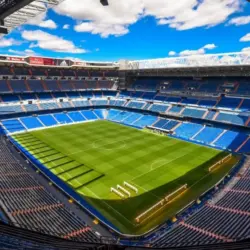 Panoramic view of Santiago Bernabéu Stadium pitch and stands during Tour del Bernabéu. Madrid^ Spain - April 24^ 2016