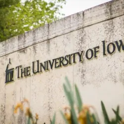 University of Iowa entrance sign at Hawkeyes' college campus Iowa City^ IA - May 23^ 2022