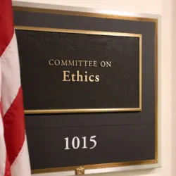A sign at the entrance to a House Ethics Committee hearing room in Washington^ DC on July 18^ 2017. The House of Representatives is the lower chamber of the US Congress.