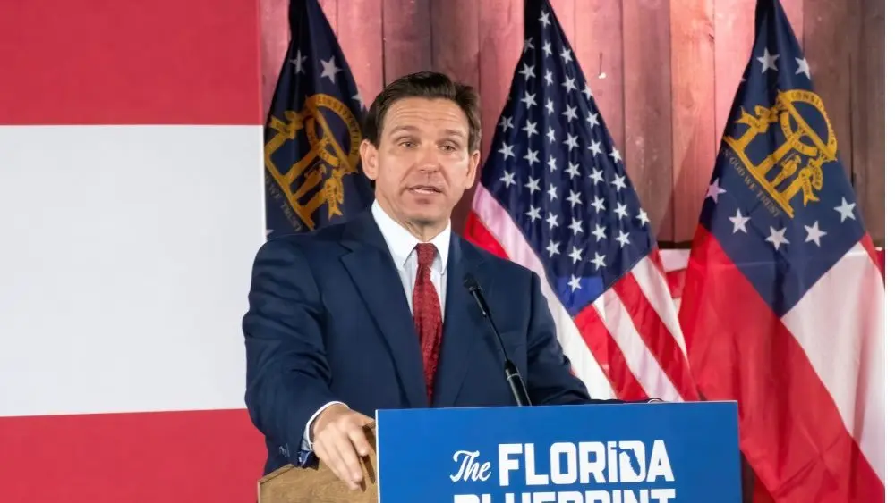 Florida Governor Ron DeSantis delivers a speech to invited guests at Adventure Outdoors^ Smyrna Georgia Smyrna^ Georgia USA - March 30^ 2023
