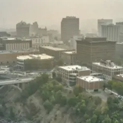 Aerial View of Spokane^ Washington in heavy Wildfire Smoke