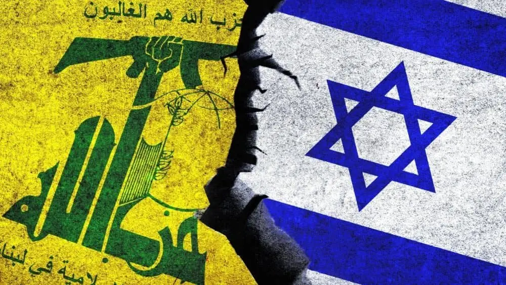 shutterstock_2303317147-1454178 Israel and Hezbollah flags together. Hezbollah and Israel political conflict^ war crisis^ relations concept